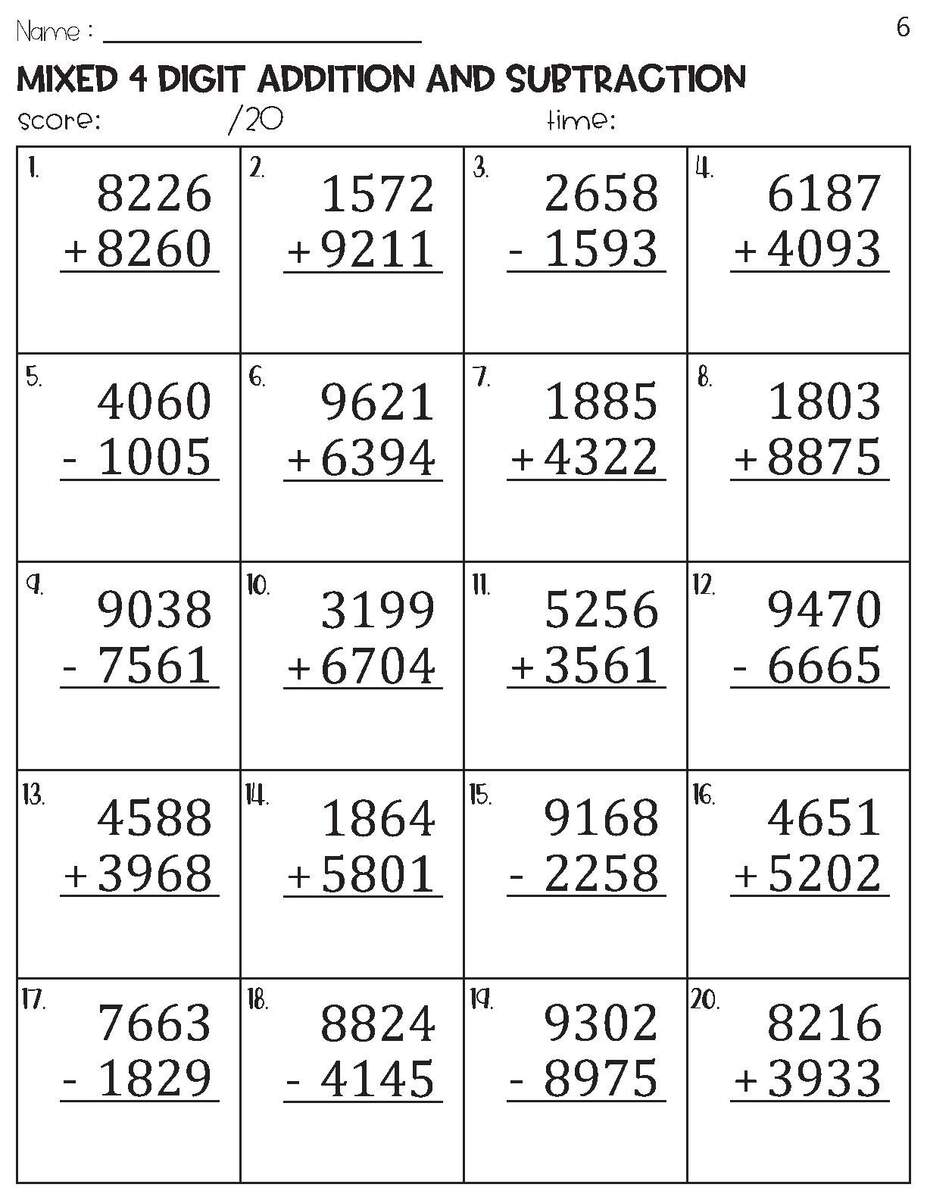 100 Four Digit Mixed Addition And Subtraction With And Without Regrouping Worksheets Etsy
