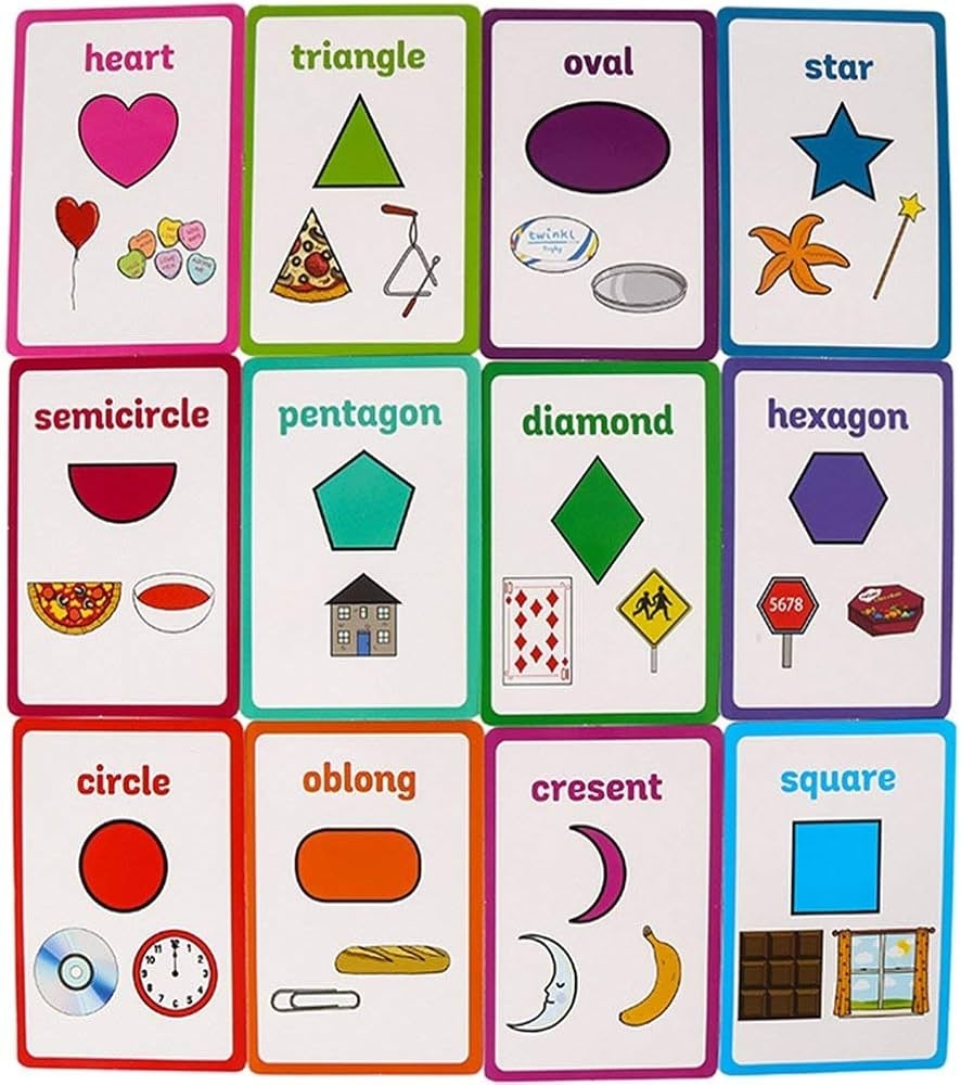 Amazon SANTSUN 12 Pieces Shape Flash Cards Primary Shape English Cards Kindergarten Classroom Decoration Background Wall Stickers Teach Flash Card Daycare Decorations Learning Cards For Ages Pre K K Everything