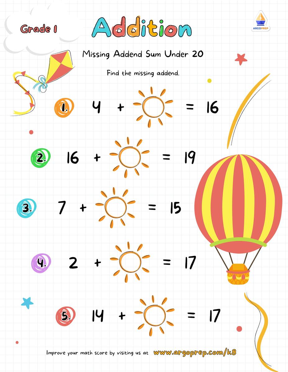 1st Grade Group Set Missing Addend Sum Under 20 Worksheets For Free ArgoPrep