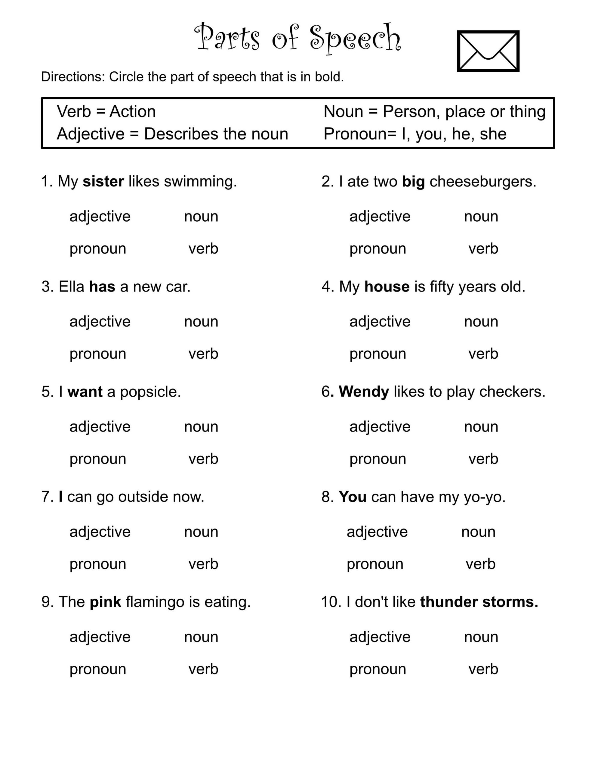 1st Through 3rd Grade parts Of Speech worksheets verbs nouns adjectives pronouns printable Etsy