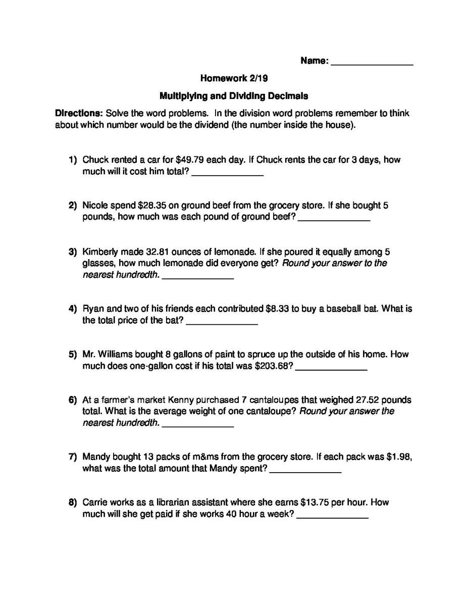 2 19 Multiplying And Dividing Decimals Word Problems Glebe Worksheets Library