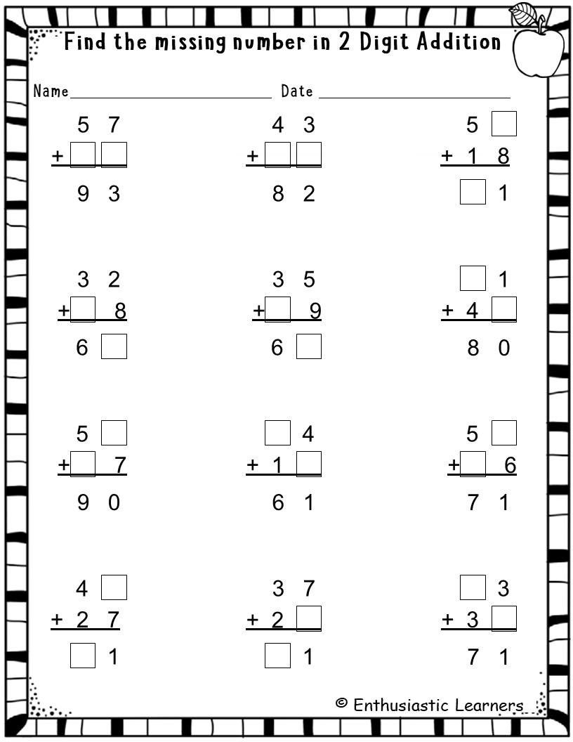 2 Digit Addition Missing Numbers In Horizontal Format Without Regrouping Worksheets Math Problems Teaching Resources