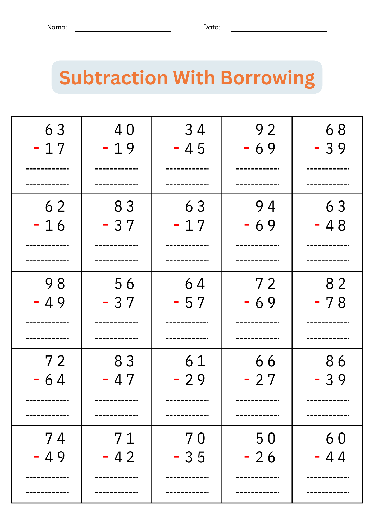 Subtraction With Regrouping Worksheets
