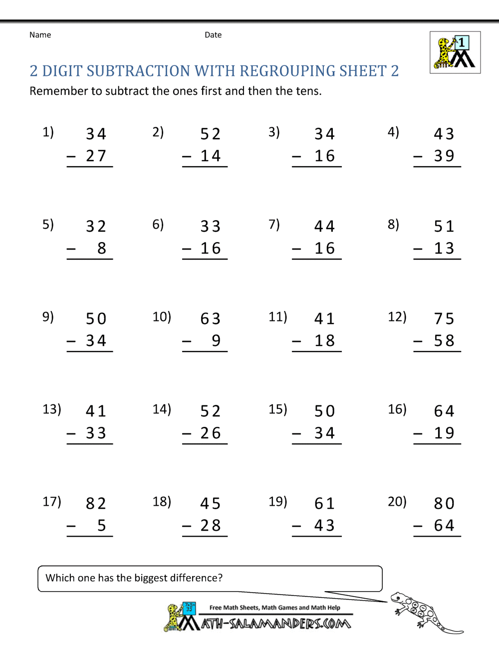 2 Digit Subtraction Worksheets Free Subtraction Worksheets To 12