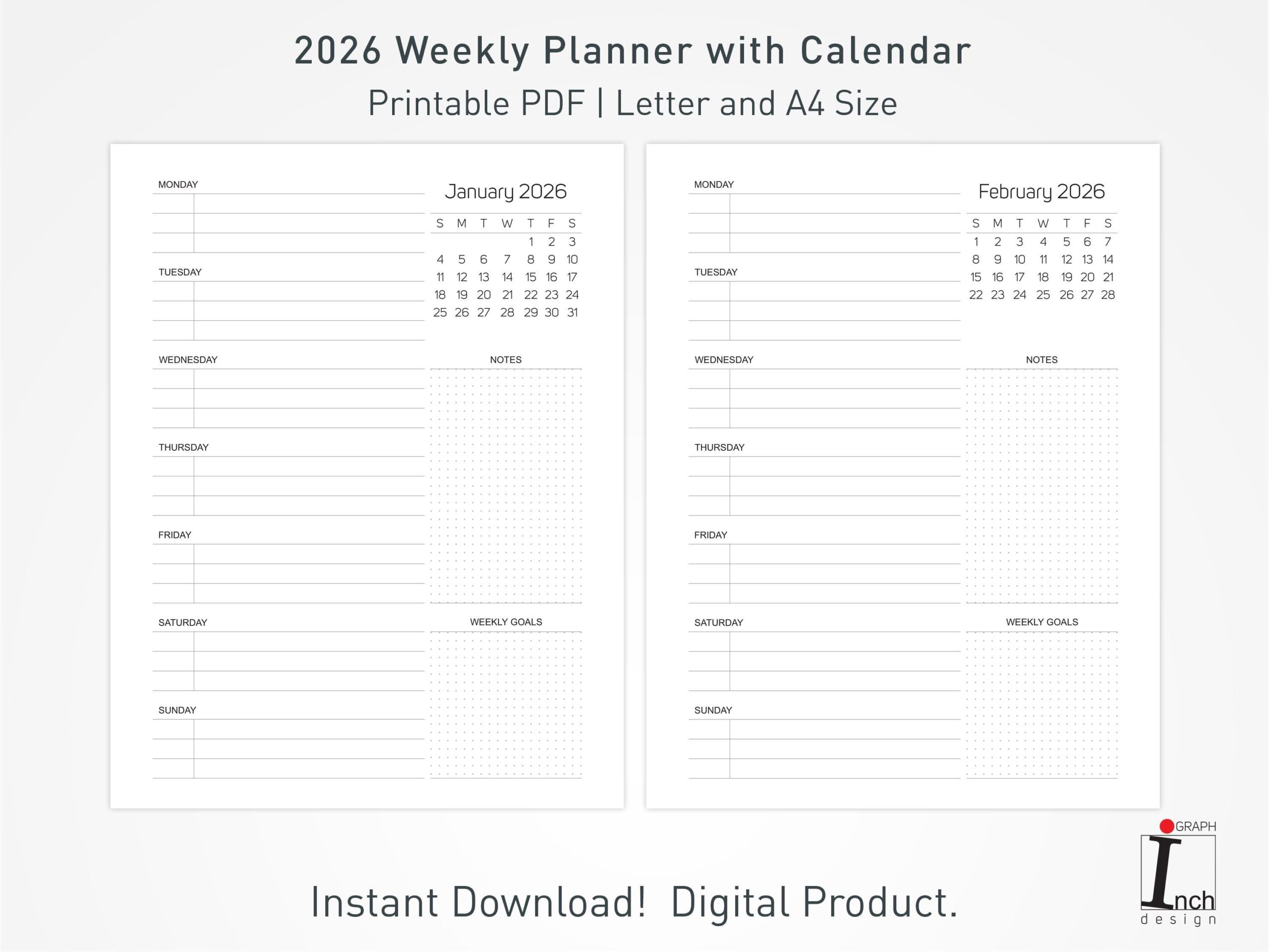 2026 Weekly Planner Printable PDF Minimalist Weekly Organizer With Calendar Etsy Israel