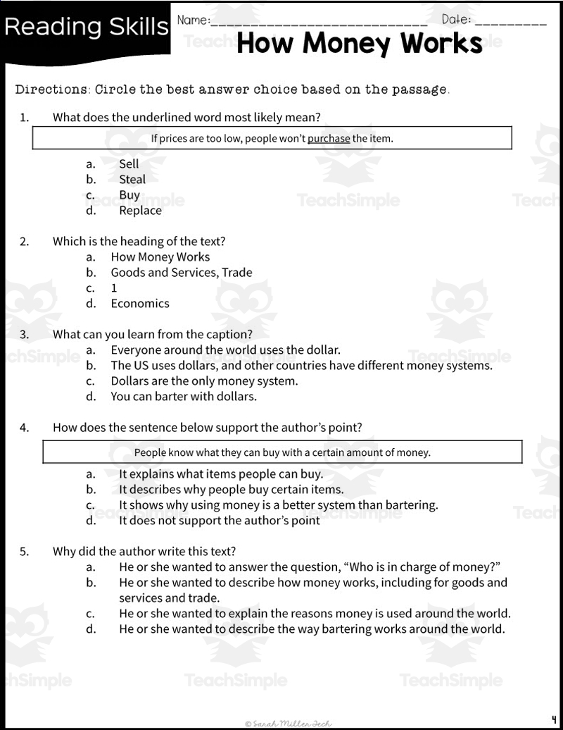 2nd Grade Reading Packet How Money Works By Teach Simple