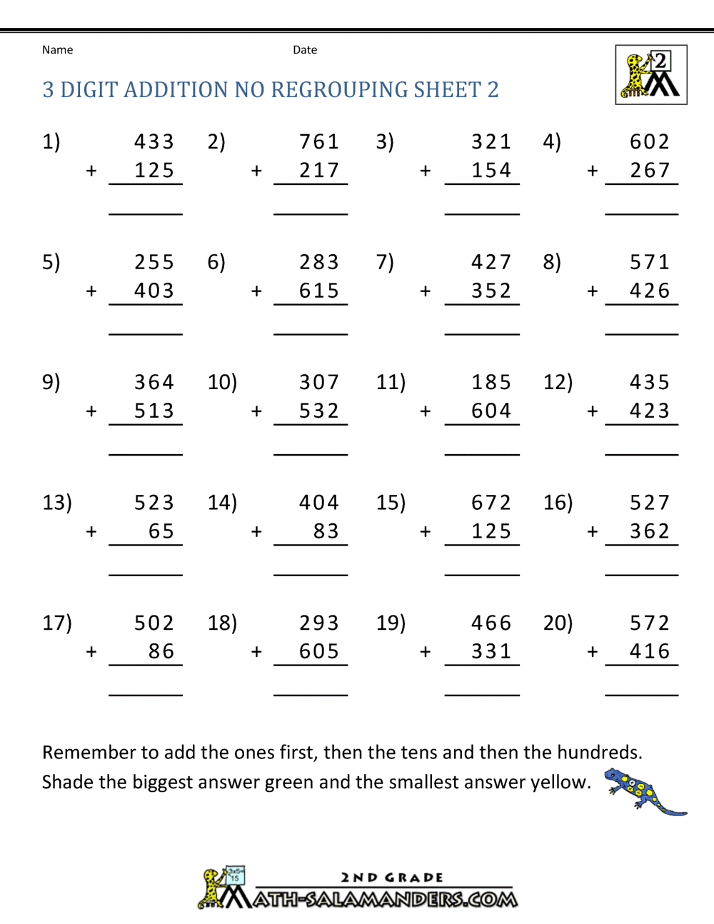 3 Digit Addition No Regrouping Worksheets 3 Digit Addition Without Regrouping Matching Worksheet By Teach Simple