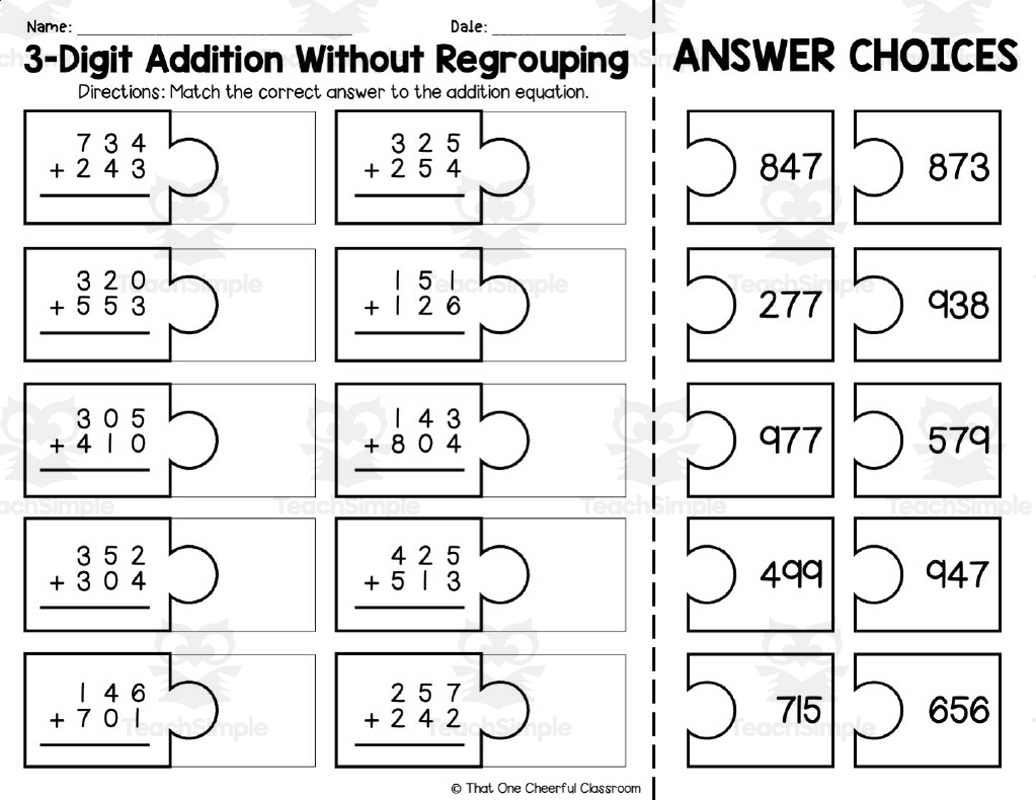 3 Digit Addition Without Regrouping Matching Worksheet By Teach Simple 3 Digit Addition Without Regrouping Matching Worksheet By Teach Simple