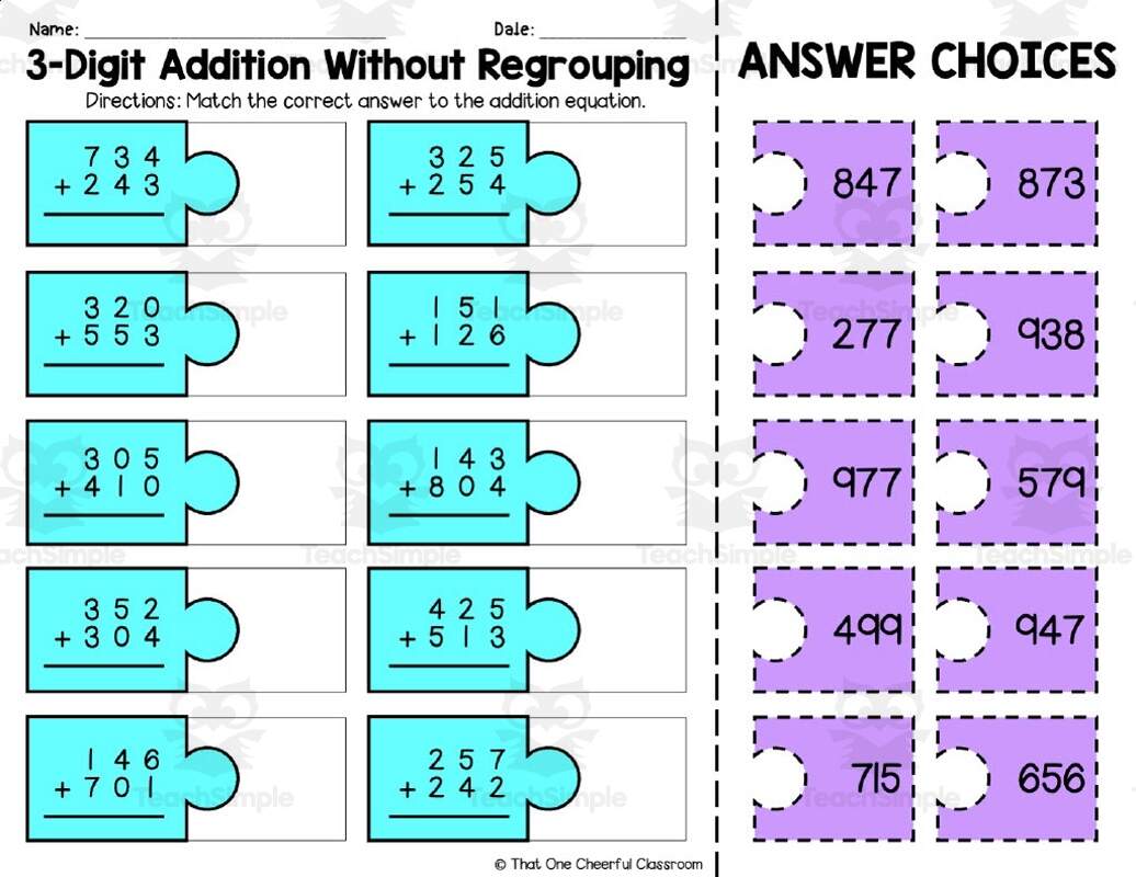 3 Digit Addition Without Regrouping Matching Worksheet By Teach Simple 3 Digit Addition Without Regrouping Matching Worksheet By Teach Simple