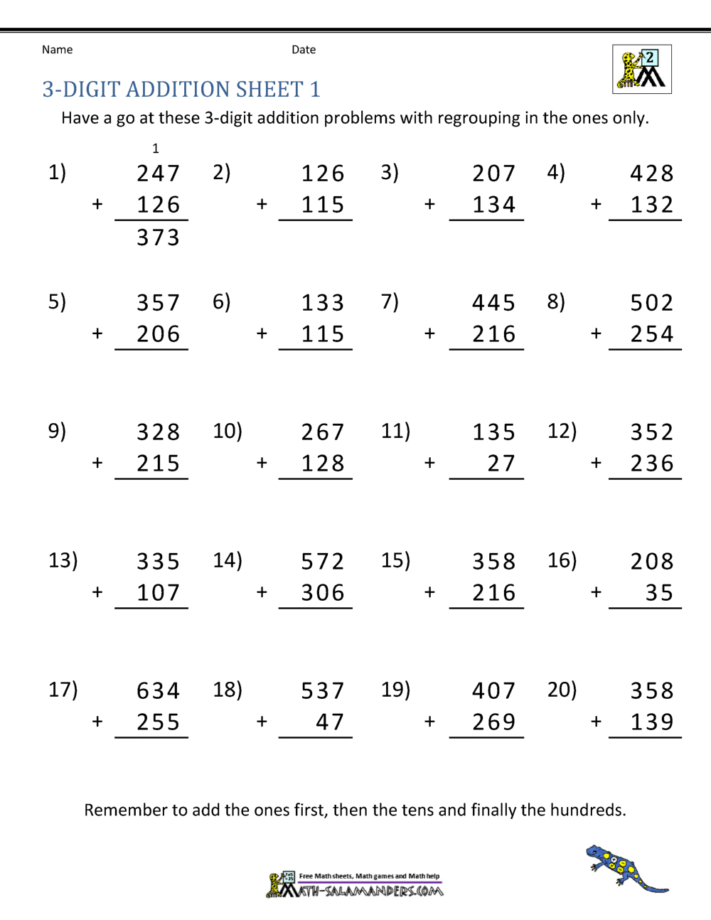 3 Digit Addition Worksheets