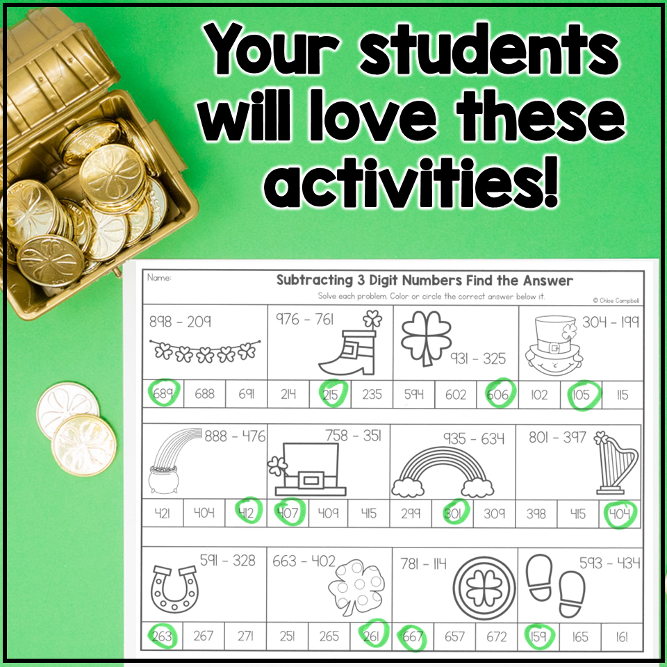 3 Digit Subtraction With Regrouping St Patrick s Day Color By Number Worksheets Chloe Campbell Education