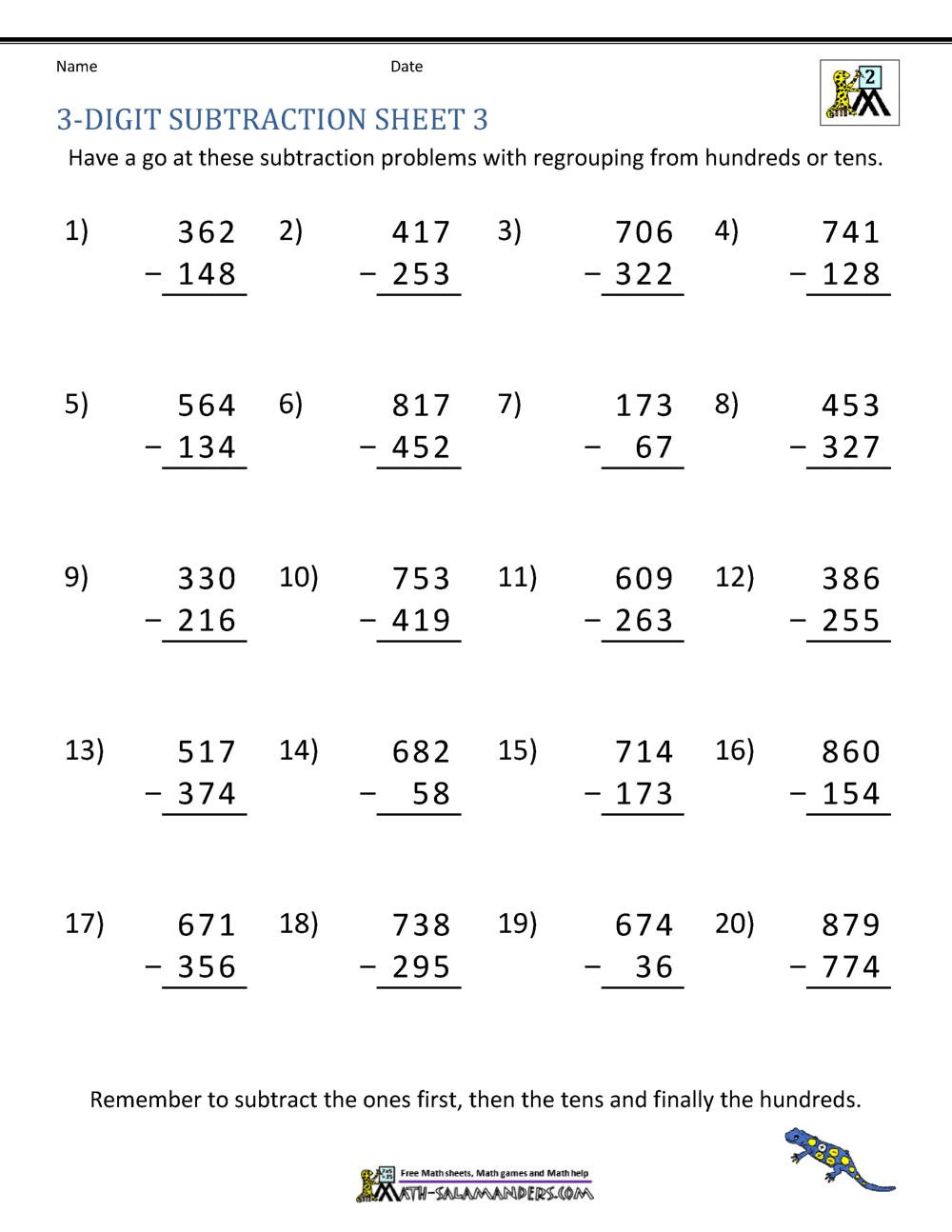 3 Digit Subtraction With Without Regrouping Games