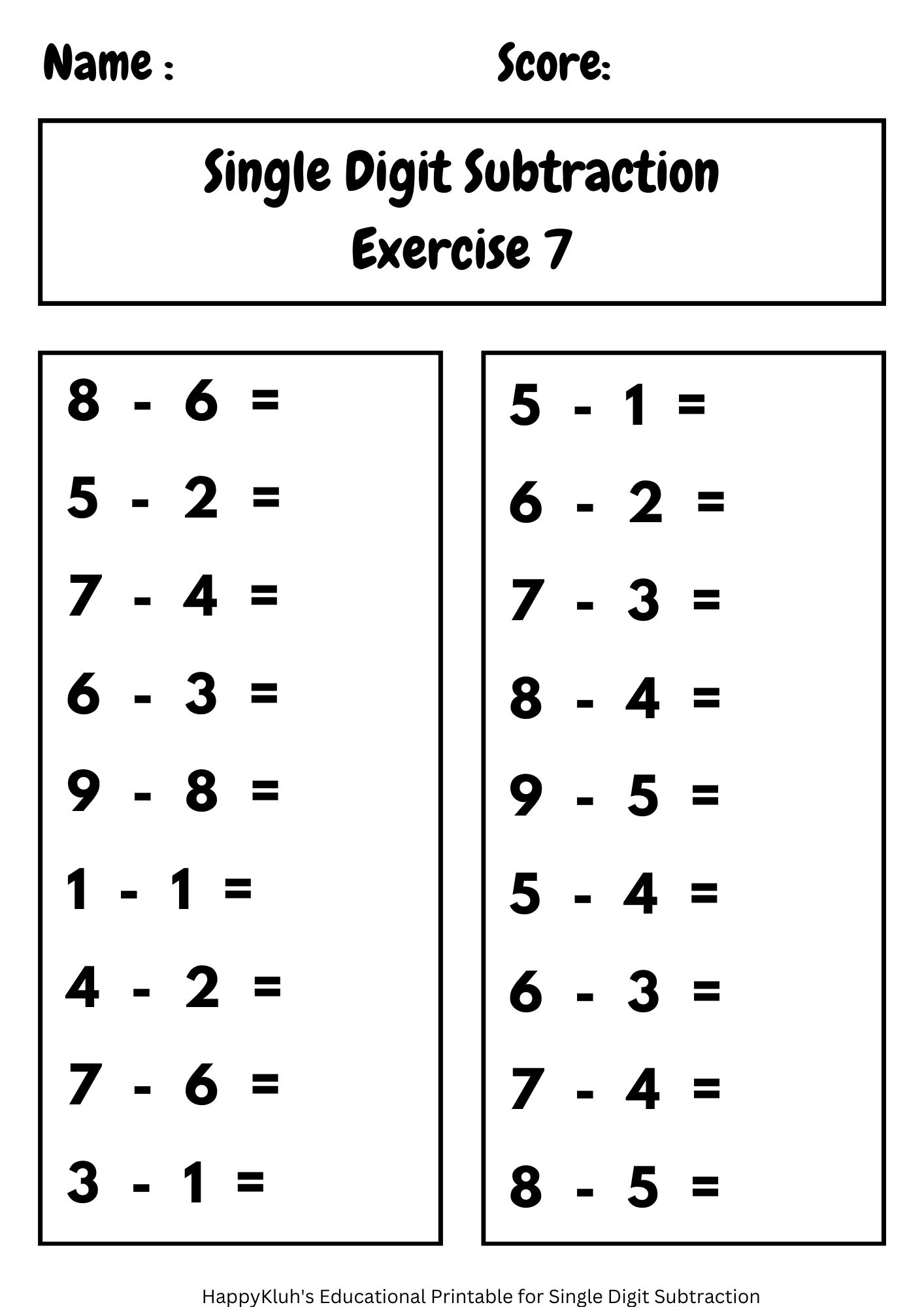 30 Printable Single Digit Subtraction Worksheets 1 Free Page Preschool 2nd Grade Math Etsy