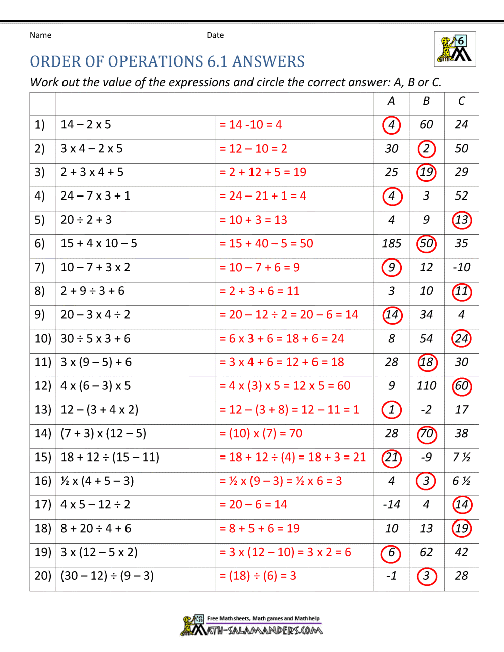 6th Grade Order Of Operations Worksheets 6th Grade Order Of Operations Worksheets