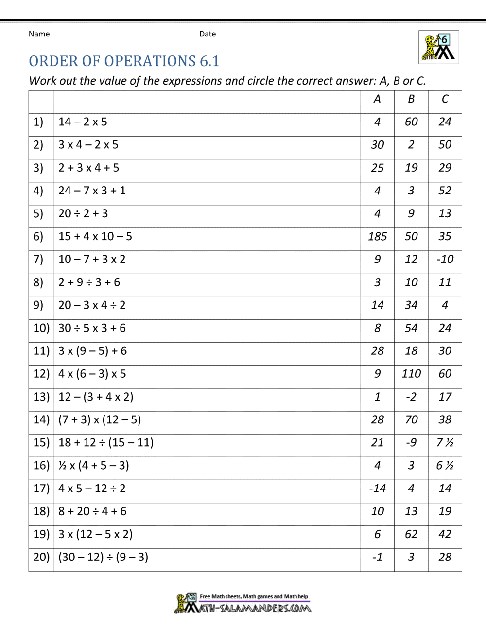 6th Grade Order Of Operations Worksheets Worksheets Library