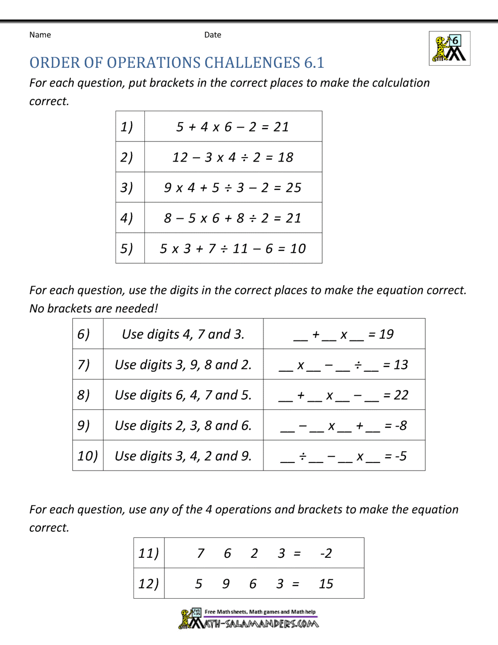 6th Grade Order Of Operations Worksheets Worksheets Library