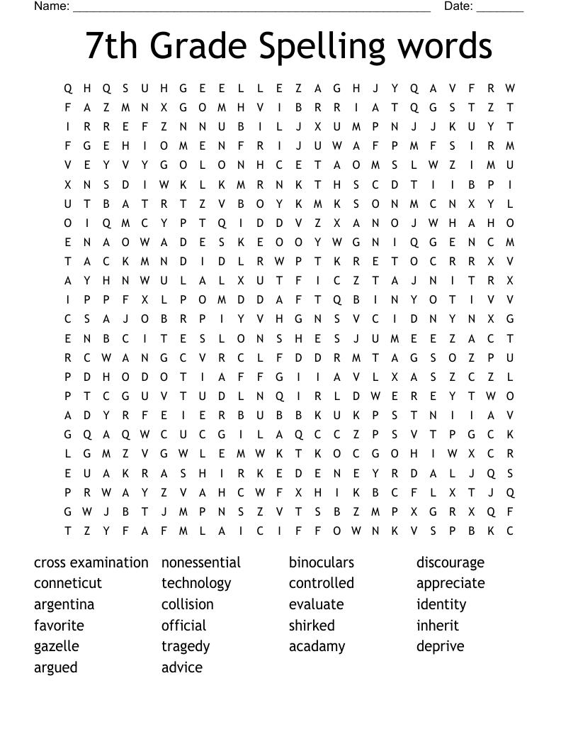7th Grade Spelling Words Word Search WordMint