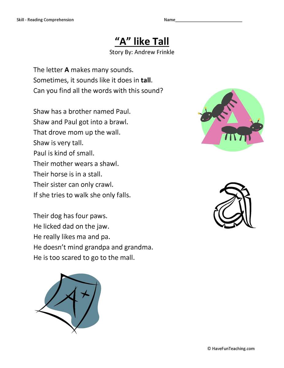 A Like Tall Reading Comprehension Worksheet Have Fun Teaching A Like Tall Reading Comprehension Worksheet Have Fun Teaching