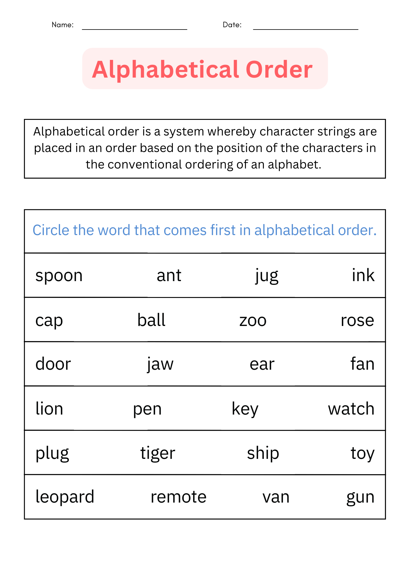 Alphabetical Order Worksheets Examples Definition KidsKonnect