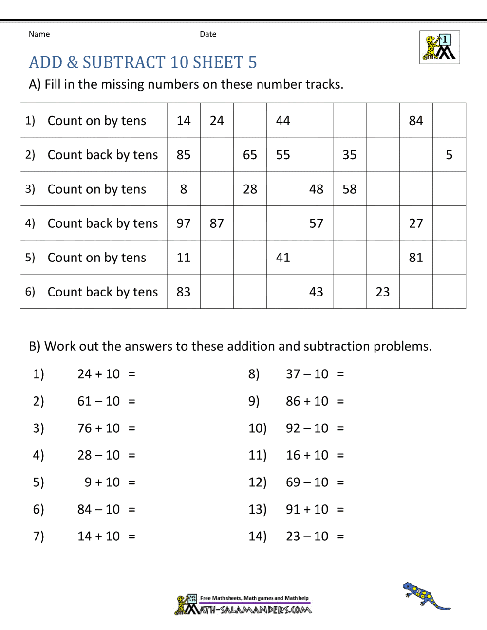 Add And Subtract 10 Worksheet