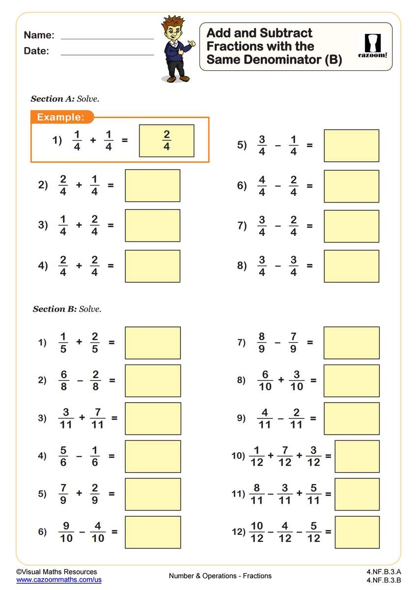 Add And Subtract Fractions With The Same Denominator A Fun And Engaging 4th Grade PDF Worksheets Cazoom Math