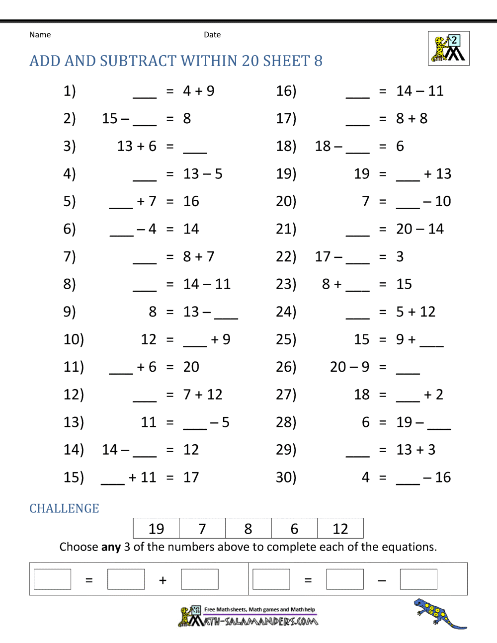 Add And Subtract Within 20
