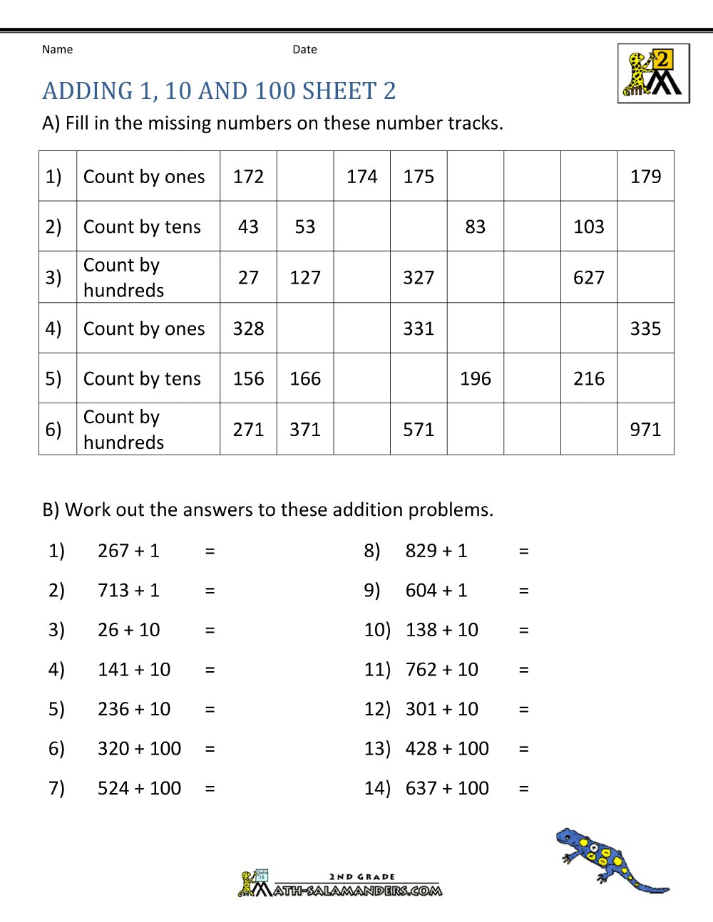 Adding 1 10 100 Worksheets