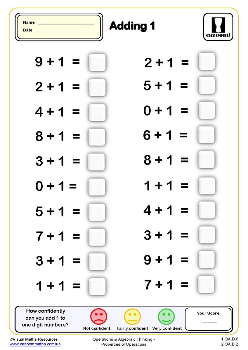 Adding 1 Drills Worksheet 20 Questions Grade 1 PDF Addition Worksheets Cazoom Math First Grade Simple Addition Worksheet