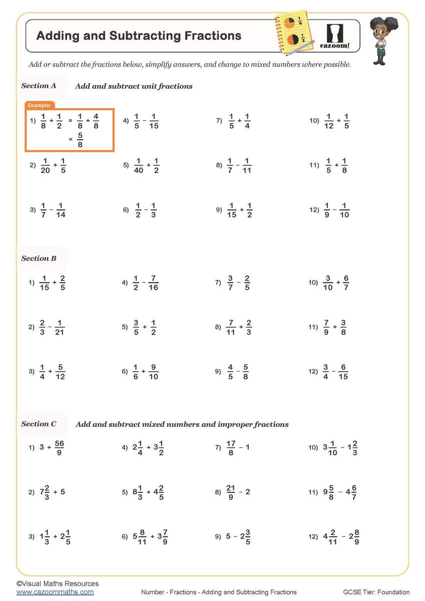 Adding And Subtracting Fractions Worksheet Printable Maths Worksheets Adding And Subtracting Fractions Worksheet Printable Maths Worksheets