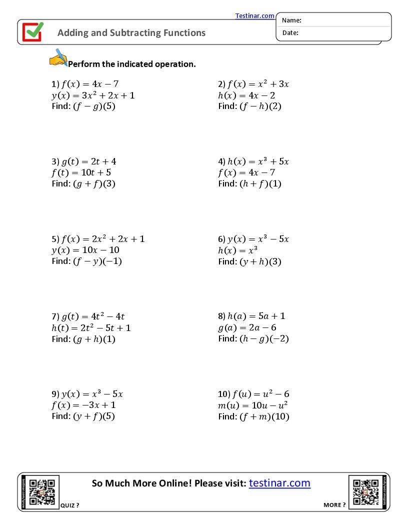 Adding And Subtracting Functions Worksheets Adding And Subtracting Functions Worksheets