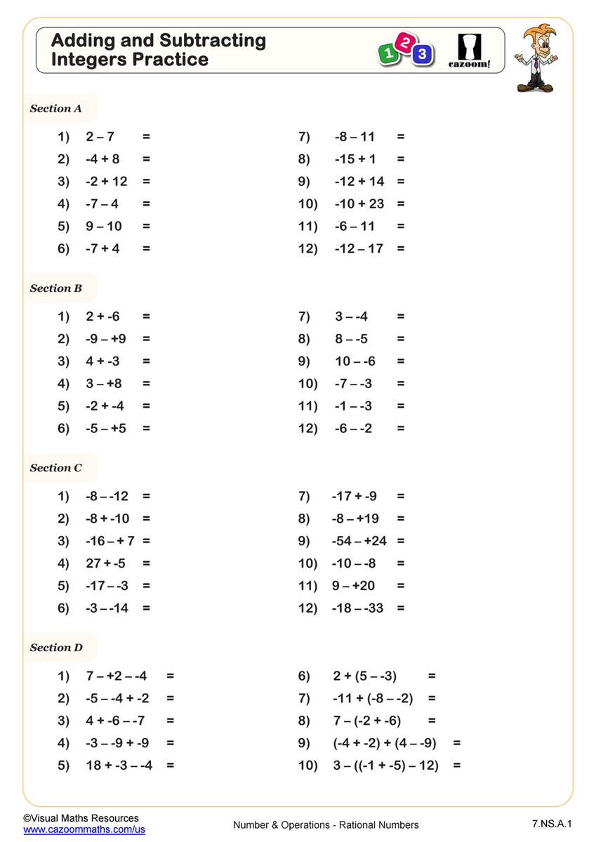 Subtracting Integers With Counters Worksheet Fun And Engaging 7th Grade PDF Worksheets Cazoom Math