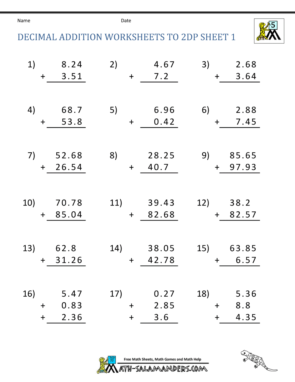 Adding Decimals Worksheet 5th Grade Adding Decimals Worksheet 5th Grade