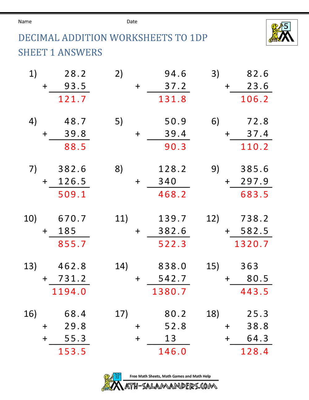Adding Decimals Worksheet 5th Grade