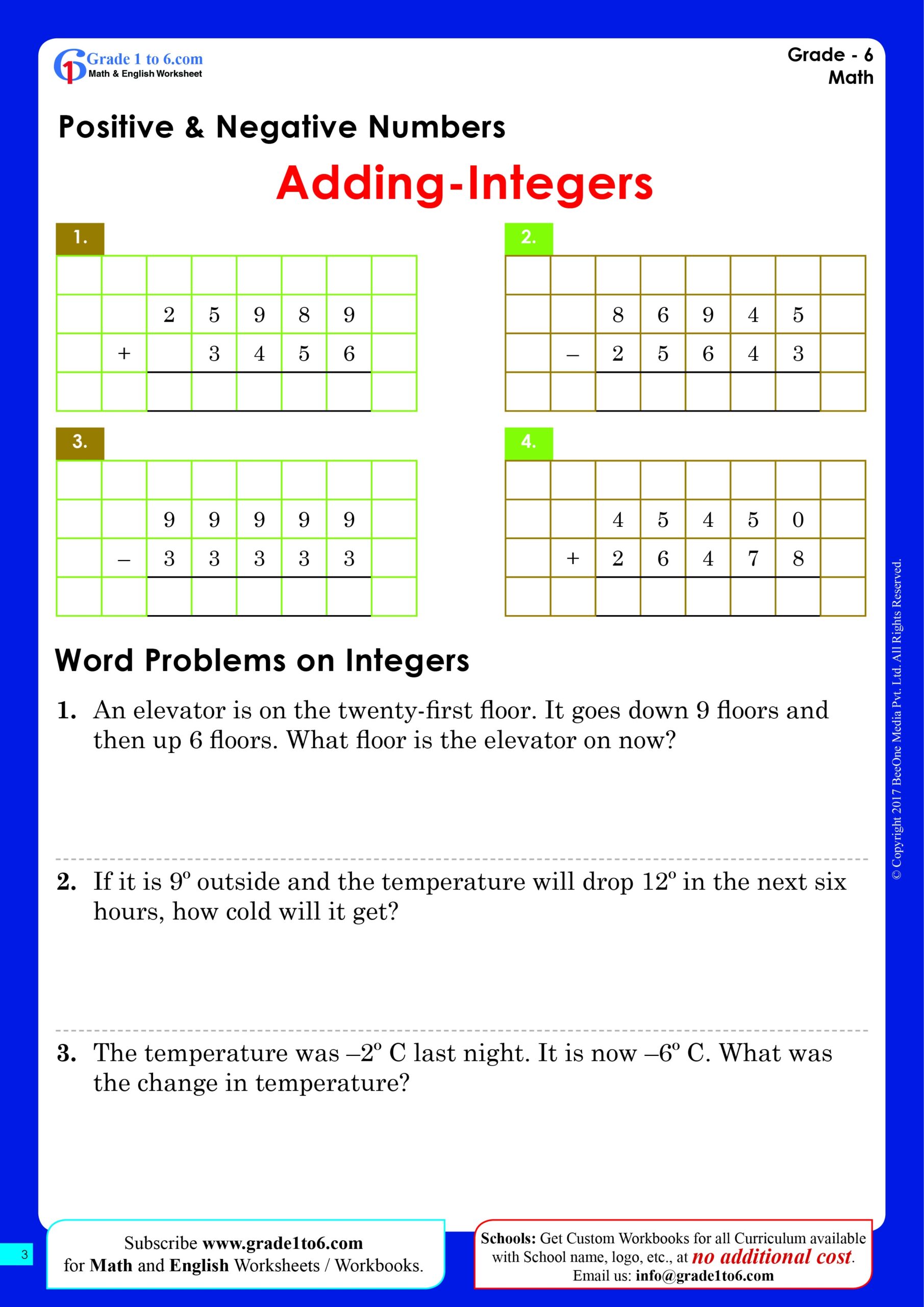 Adding Positive And Negative Integers Worksheets Grade1to6 Adding Positive And Negative Integers Worksheets Grade1to6