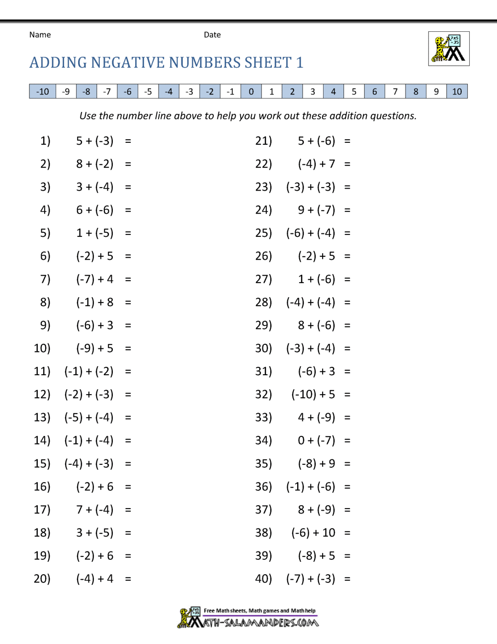 Adding Positive And Negative Numbers Operations With Integers Ten Minute Challenge Worksheet PDF Printable Number Operations Worksheet Cazoom Math