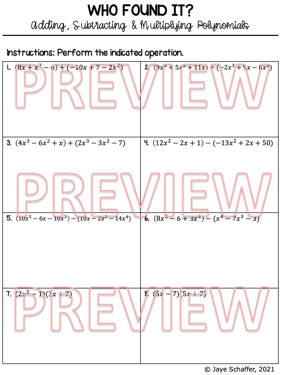Adding Subtracting And Multiplying Polynomials Clue Mystery Activity Made By Teachers