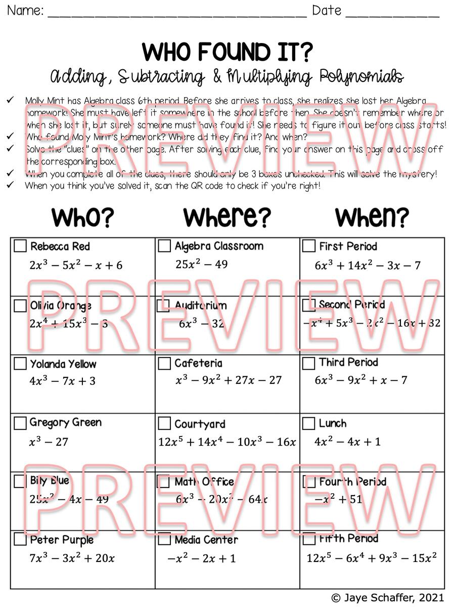 Adding Subtracting And Multiplying Polynomials Clue Mystery Activity Made By Teachers