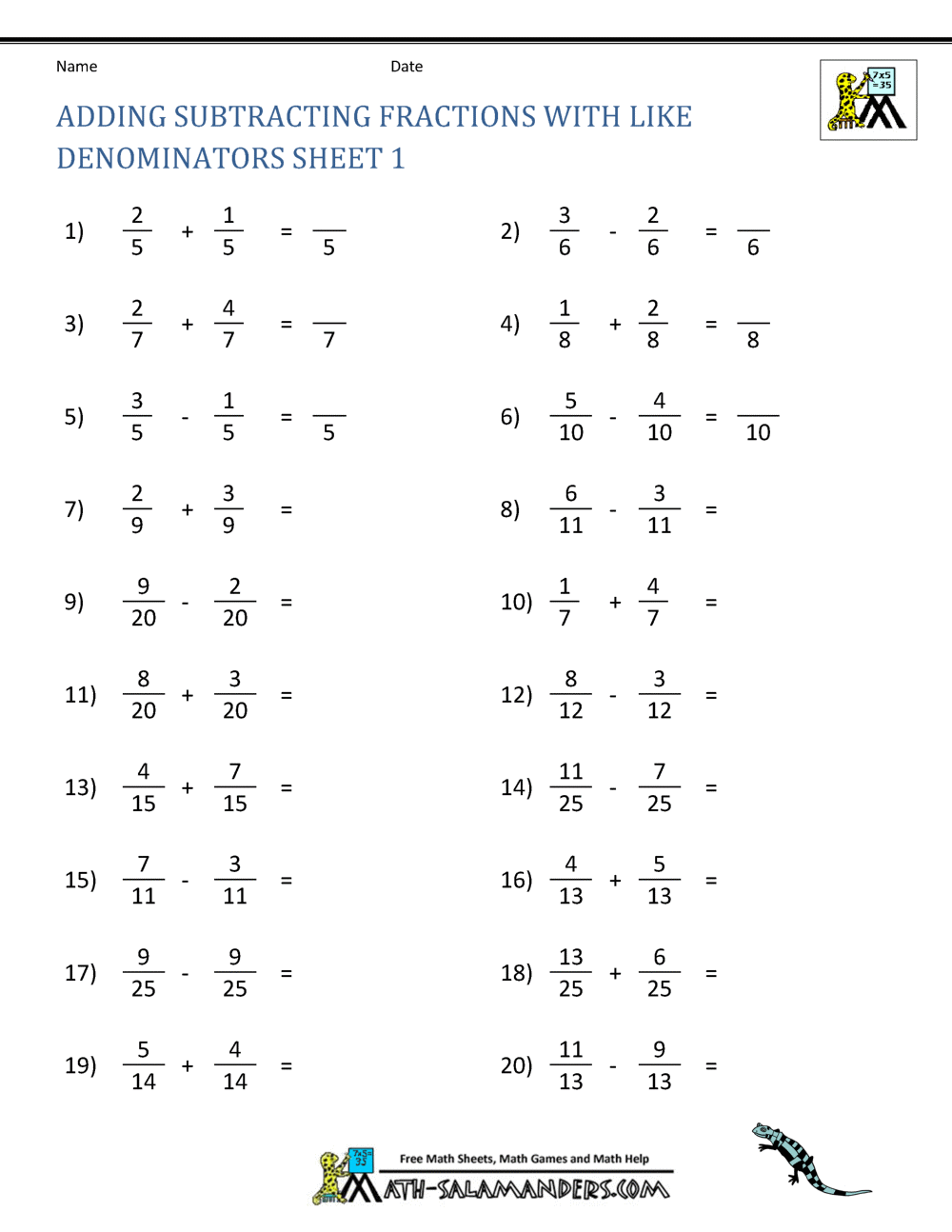 Adding Subtracting Fractions Worksheets Adding And Subtracting Fractions Worksheets