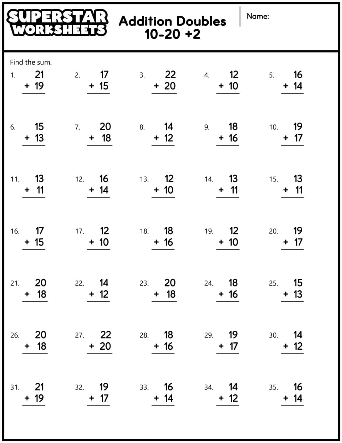 Math Addition Facts To 20