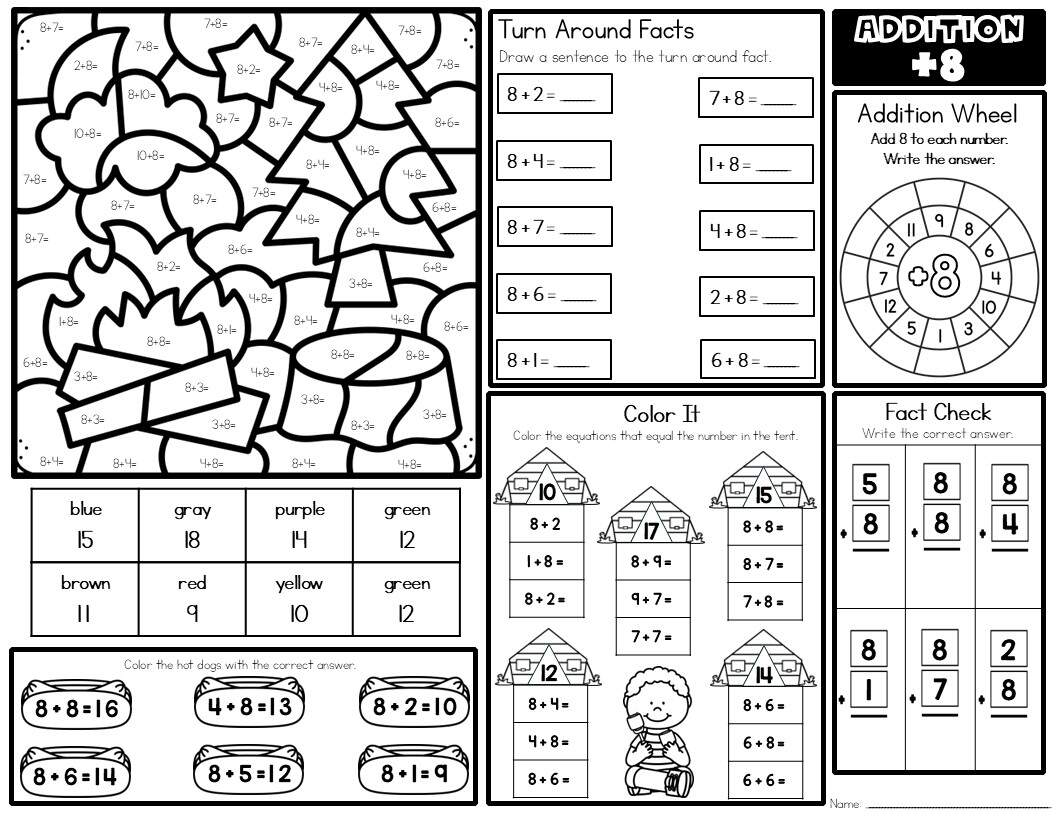 Addition Facts 8 Math Mat Worksheet Teaching Ideas Made Easy