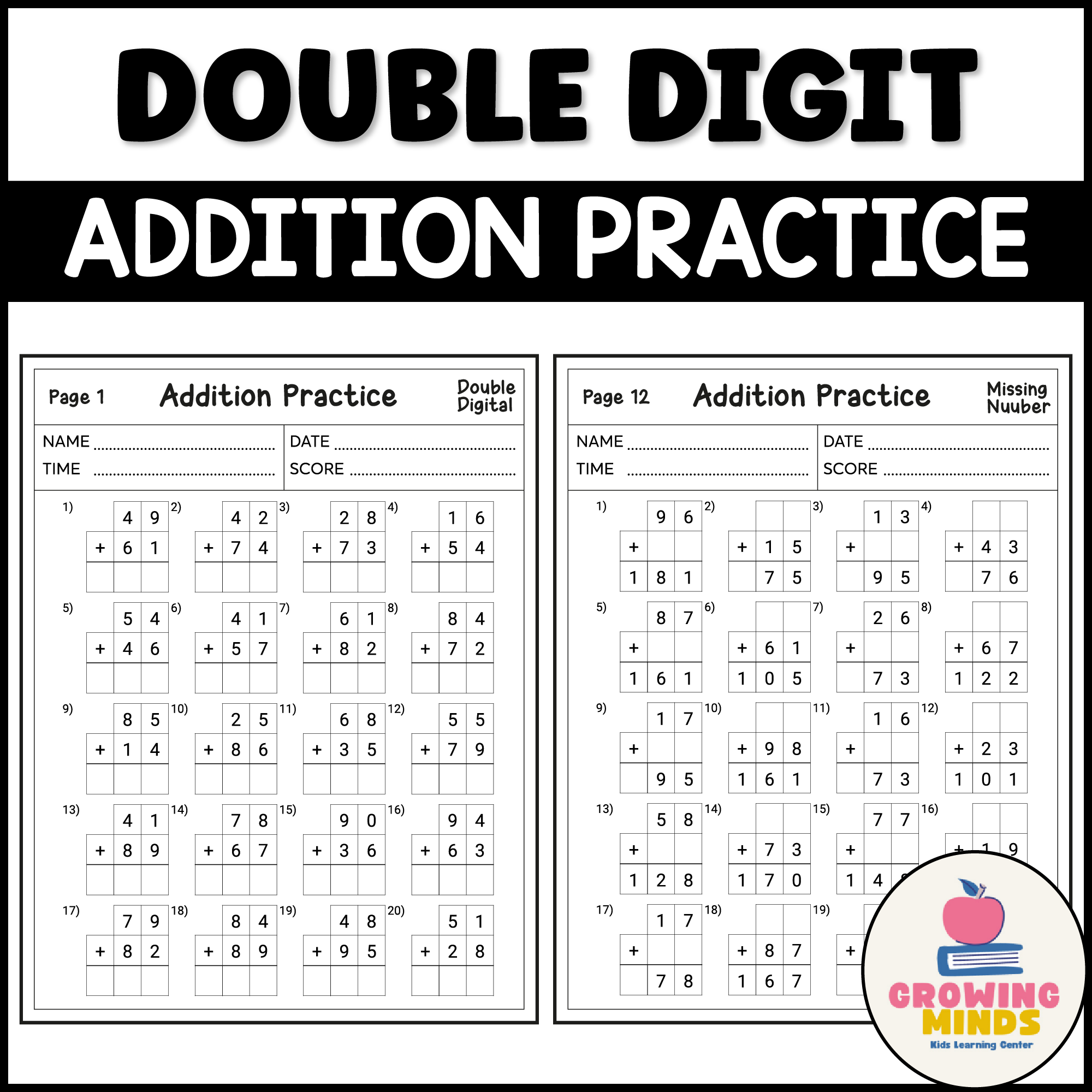 2 Digit Addition Missing Numbers In Horizontal Format Without Regrouping Worksheets Math Problems Teaching Resources
