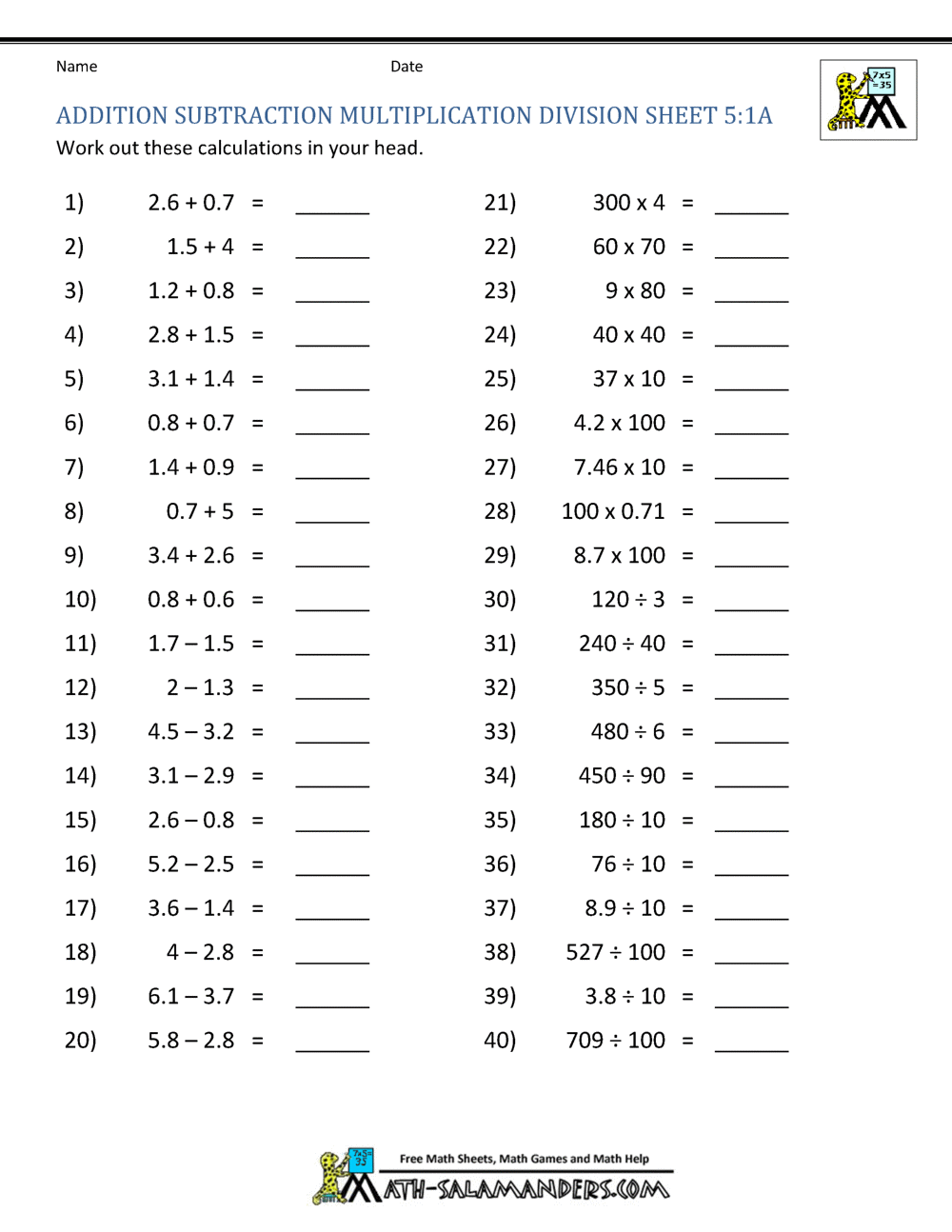 Addition Subtraction Multiplication Division Worksheets Adding Subtracting Multiplying And Dividing Decimals Worksheet Worksheets Library