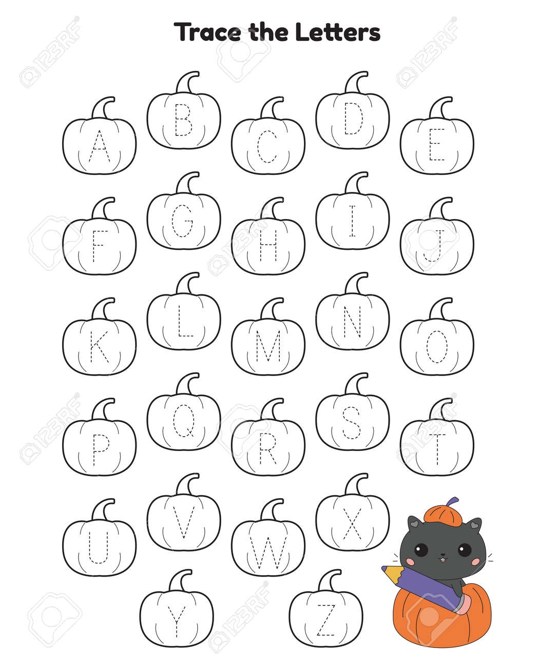 Alphabet Letters Tracing Printable Worksheet With Cute Cat In Pumpkin Halloween Theme Educational Game For Kindergarten Kids Cartoon Kawaii Animal Vector Illustration Royalty Free SVG Cliparts Vectors And Stock Illustration Image 173699765