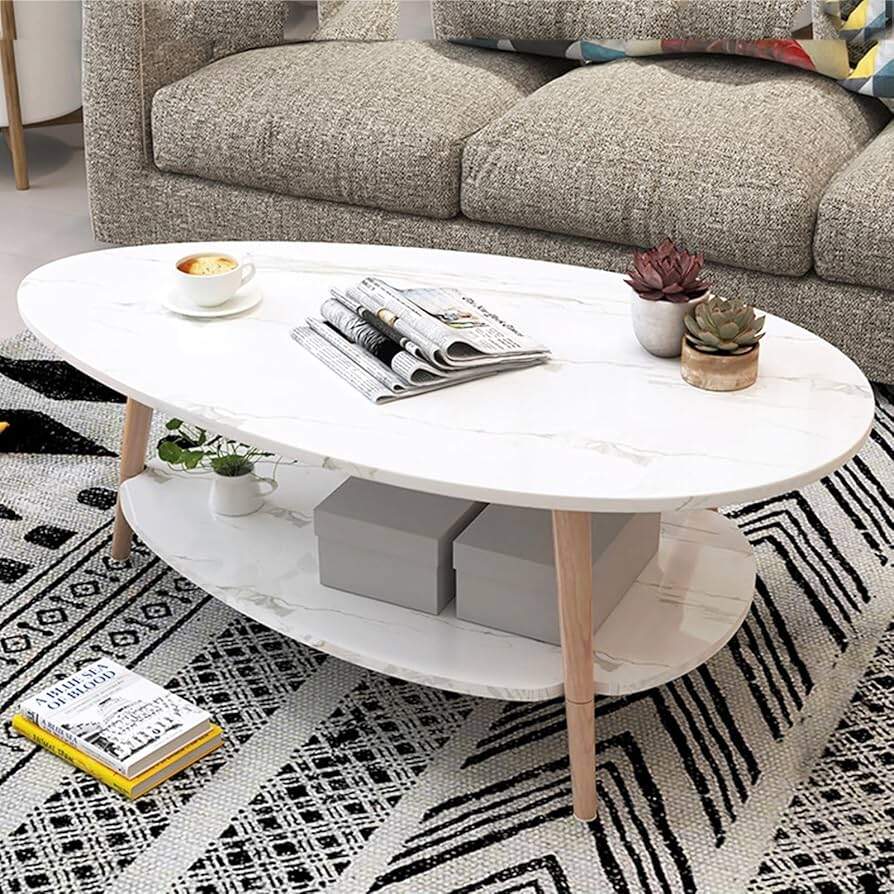 Amazon HM DX Oval Shaped Wood Coffee Tables With Open Shelving 2 Tier Droplet Shaped End Tables Small Modern Console Tables For Living Room Home Office Sofa Table 35 4x19 7x16 5 Marble Pattern Home Kitchen