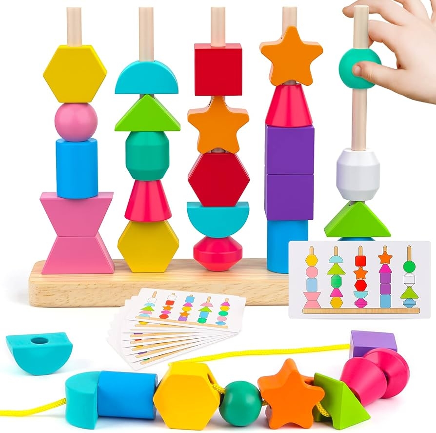 Amazon Montessori Wooden Beads Sequencing Toy Set Stacking Blocks Lacing Beads Matching Shape Stacker For 2 3 4 5 Year Old STEM Preschool Learning Montessori Toys Gifts For Kids Boy