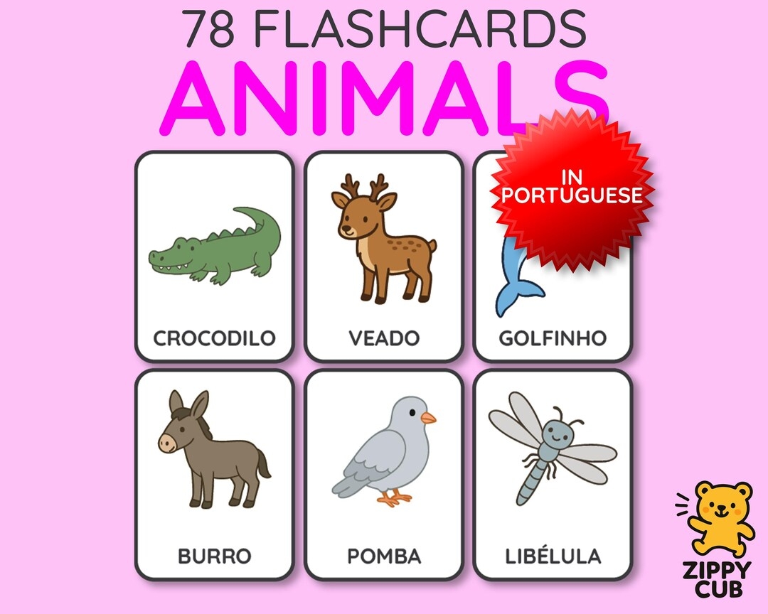 Animal Flash Cards Brazilian Portuguese Printable Preschool Toddler Baby Learning Card Set For Kids PDF Digital Download A4 US Letter Etsy