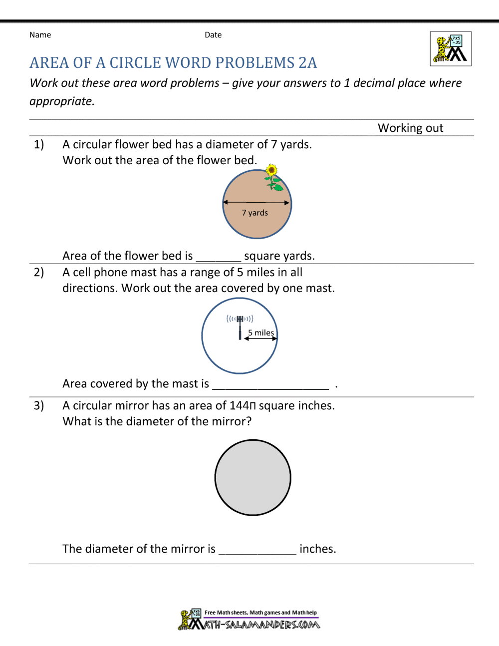 Area Of A Circle Worksheets