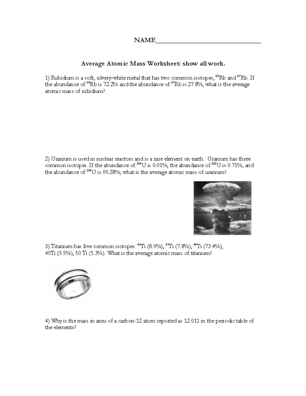 Average Atomic Mass Worksheet Problems Solutions Studocu