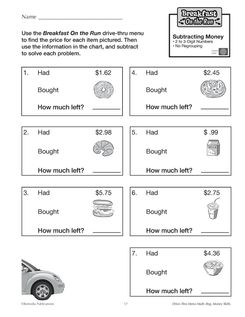 Beginning Money Skills Drive Thru Menu Math Consumer Life Skills Classful