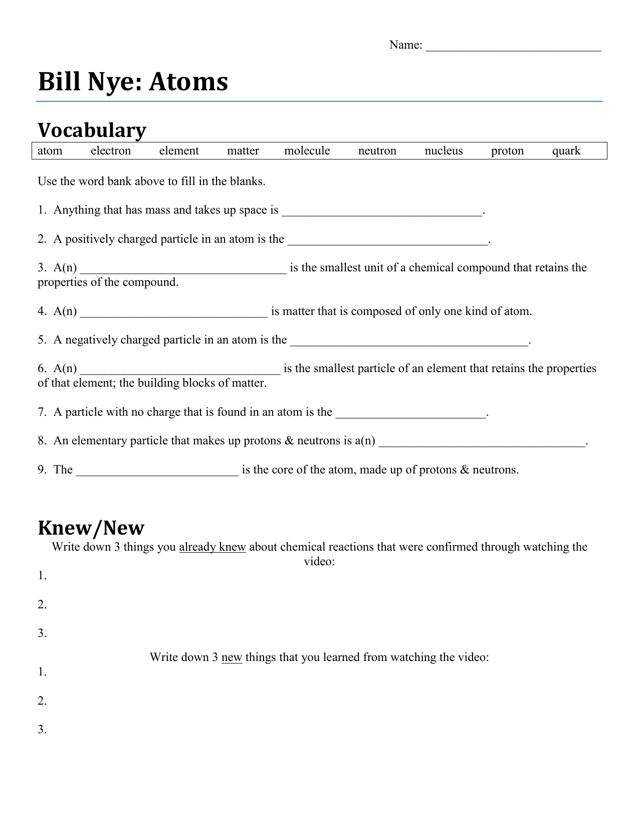 Grade 9 Science Bill Nye Atoms Molecules Answer Key Studocu